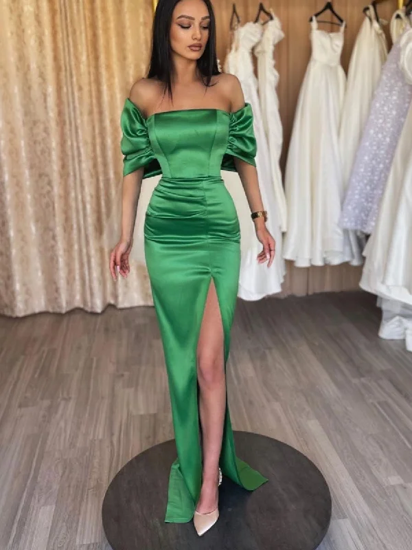 Green off shoulder mermaid long prom dress, green satin evening dress