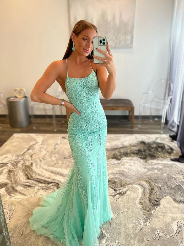 Green tulle lace mermaid long prom dress, green tulle formal dress