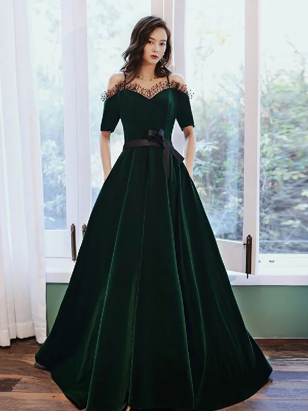 Green v neck velvet long prom dress, green evening dress