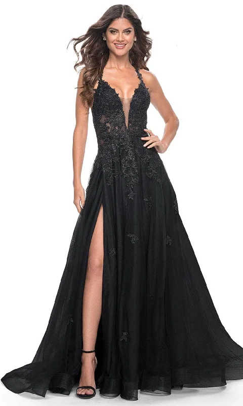 La Femme 32022 - Plunging Neckline Embroidered Prom Dress