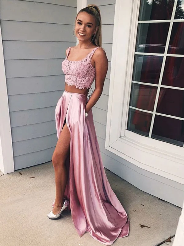 Pink lace two pieces long prom dress, pink lace evening dress