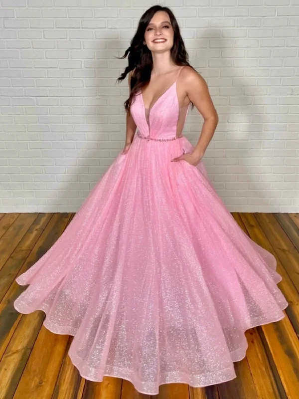 Pink v neck tulle long prom dress, pink tulle formal dress