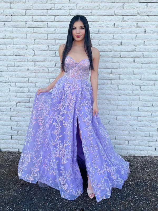 Purple tulle lace long prom dress, purple tulle formal dress