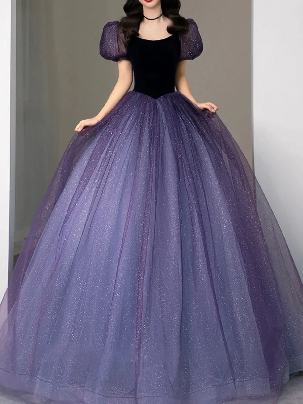 Purple tulle sequin long prom dress, purple evening dress