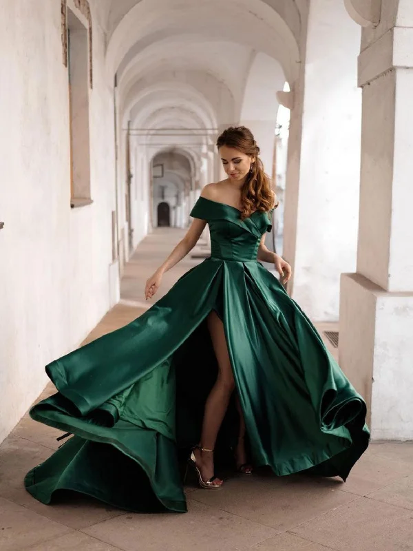 Simple green off shoulder satin long prom dress, green evening dress