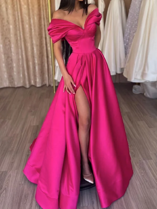 Simple off shoulder v neck satin long prom dress, red evening dress