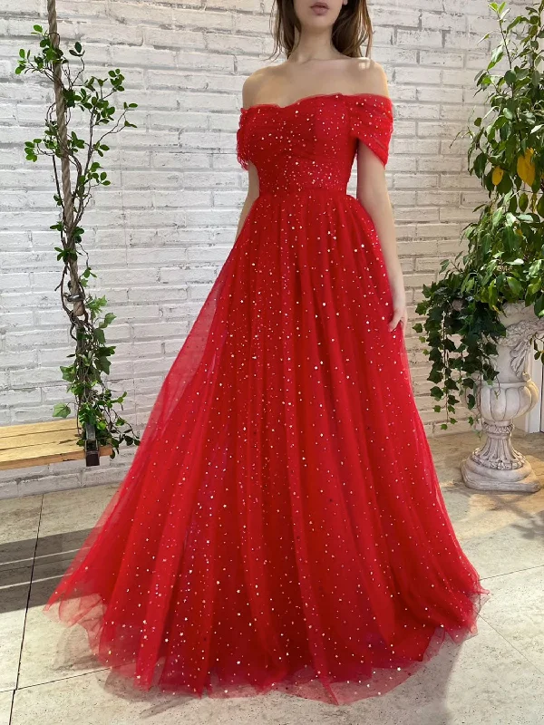 Simple red off shoulder tulle long prom dress, red evening dress