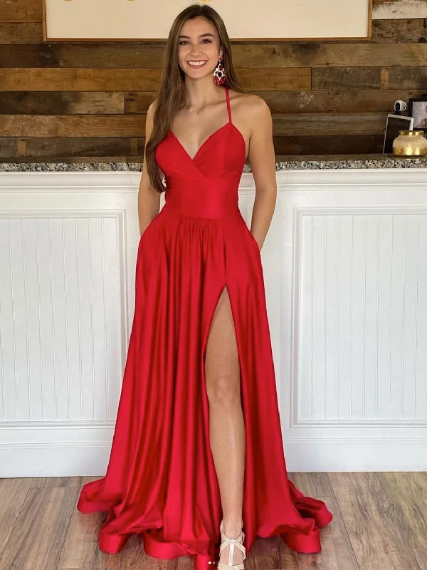 Simple red satin long prom dress, red evening dress