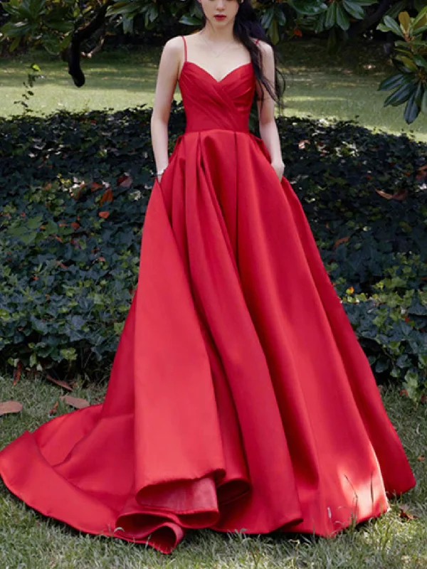 Simple red satin long prom dress, red satin evening dress