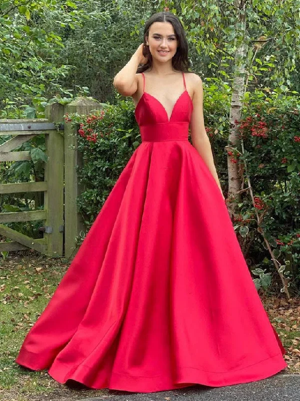 Simple red v neck satin long prom dress, red evening dress