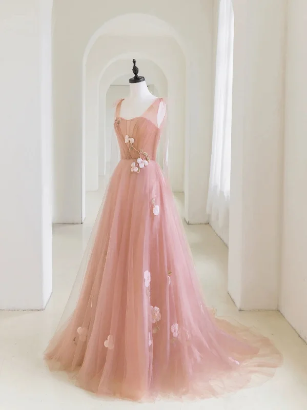 Simple v neck pink tulle long prom dress, pink evening dress