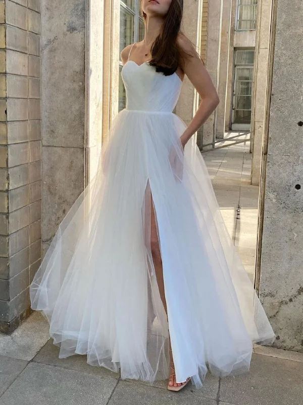 Simple White tulle long prom dress, white long evening dress