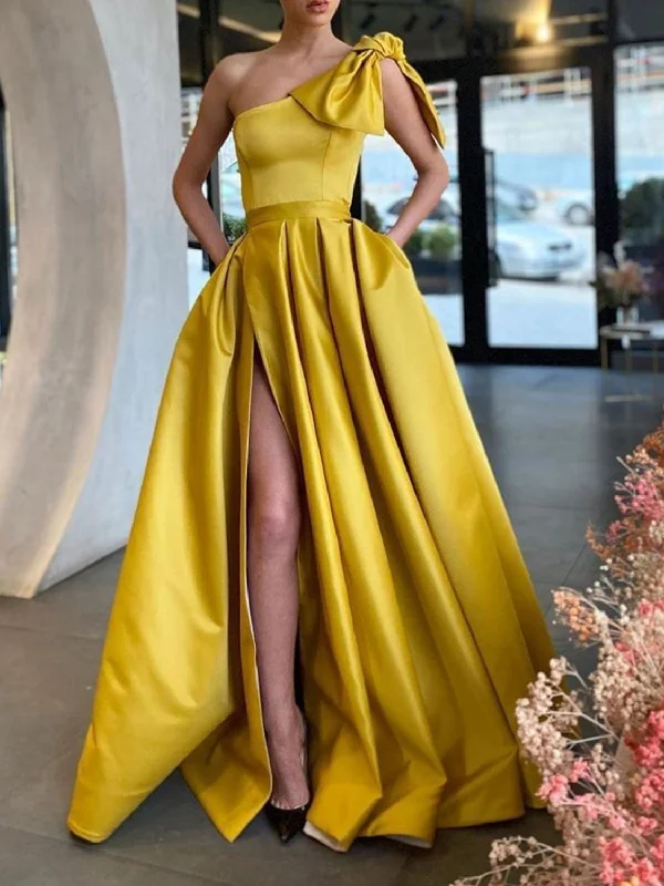 Simple Yellow one shoulder satin long prom dress, yellow evening dress