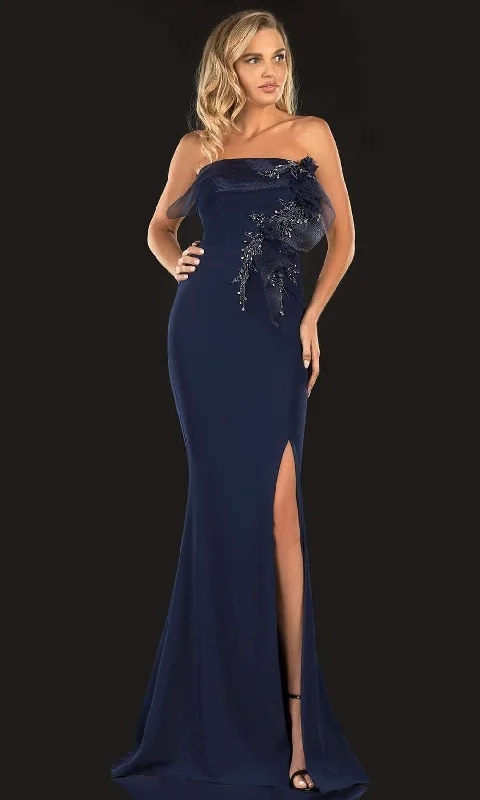 Terani Couture - 2021E2818 Strapless Ribbon Accent Slit Sheath Gown