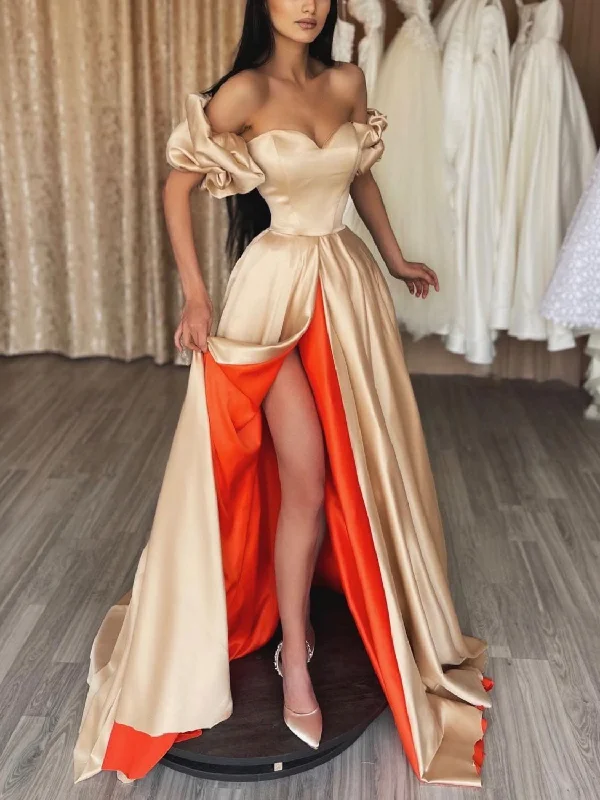 Unique champagne sweetheart satin long prom dress, champagne evening dress