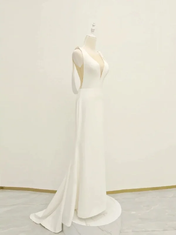 White v neck long prom dress, white evening dress